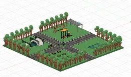 Parque urbano projetado com brinquedos, bancos e arvores.