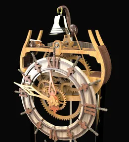Electro-mechanical marine-themed wooden clock for laser cutting. Every hour it strikes the bell...