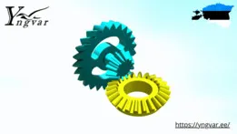 Animated. Helical and bevel gears transmission