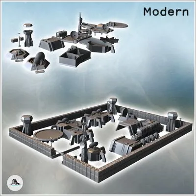 Large modern military base set with hangars, tower watchtowers and protective enclosure (11) - Cold Era Modern Warfare Conflict World War 3 RPG Post-apo WW3 WWIII