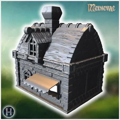 Small stone building with rounded roof, chimney, arched windows, and wooden awning over the entrance (13) - Medieval Gothic Feudal Old Archaic Saga 28mm 15mm RPG
