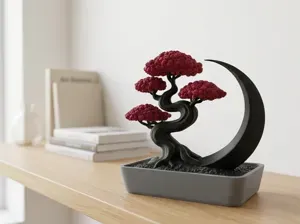 Stylized Potted Bonsai Tree with Crescent Moon