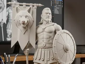 warrior with wolf head banner and shield