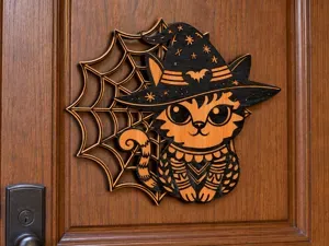 Halloween Witch Cat Laser Cut Wooden Decoration