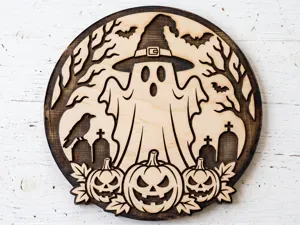 Halloween Ghost & Pumpkins Wooden Wall Art