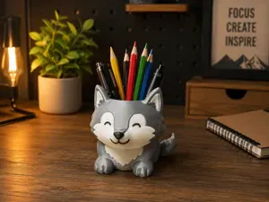 Cute Wolf Pen Holder-Cute smiling wolf design