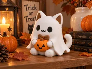Cute Ghost Cat with Pumpkin | Halloween & Autumn