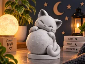 Cute Cat Hugging the Moon – Cozy Moon Decoration
