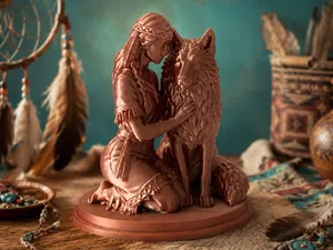 Native American Woman with Wolf Statue