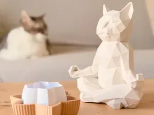 Meditating Buddha Cat + Incense Base, Low Poly Art