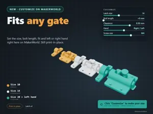 Customizable Slide Bolt Gate Latch, Print-in-Place