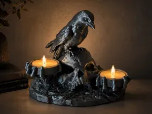 Raven Skull Candle Holder Gothic Crow & Skull