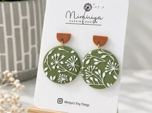 Green Round Earrings with Botanical Motif 