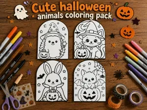 Cute halloween animals coloring pack