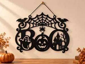 BOO Halloween Sign –Ghost, Pumpkin & Haunted House