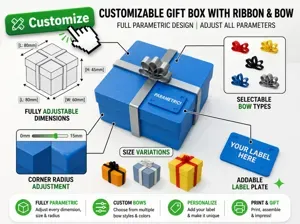 Customizable gift box with ribbon, bow and label