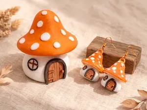 Fairy Mushroom Cottage Earrings & Mini Cottage Set