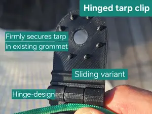 Hinged tarp clip & matching grommet - slide or fix