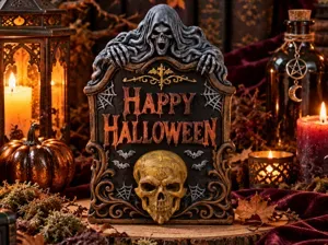 Happy Halloween Schild als Grabstein