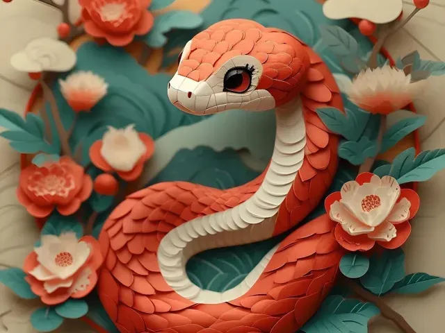 蛇年立体剪纸浮雕画《蛇报佳春》