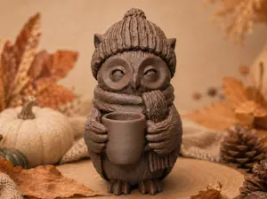 Cozy Autumn Owl with Hot Tea – Cute Fall Decor