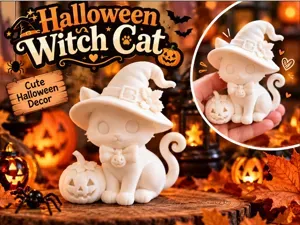 Cute Halloween Witch Cat & Pumpkin