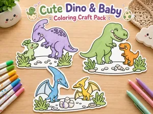 Cute dino & baby coloring craft pack 2