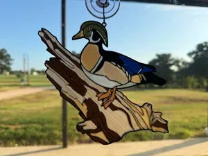 Wood Duck on a Log Suncatcher — Stained-Glass