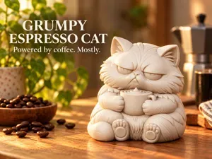 Grumpy Espresso Cat | Cute Desk & Shelf Decor