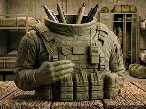 Pen holder - Soldier in military base wearing vest