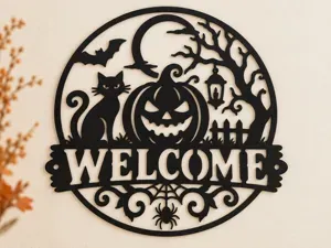 Halloween Welcome Sign – Black Cat & Pumpkin