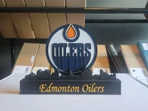 Edmonton Oilers with skyline of Edmonton NHL
