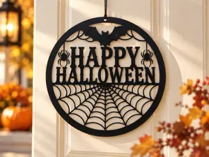 Happy Halloween – Bat & Spiderweb Hanging Sign