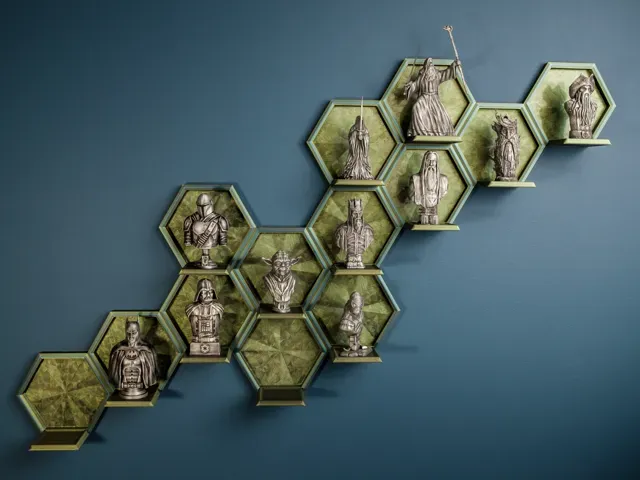 Hexagonal wall shelf for small figurines