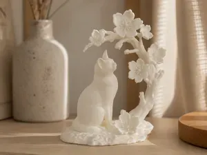 Cherry Blossom Cat Sculpture with Floral Decor