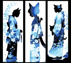 Set of 3 Bookmarks -Asian Art Design shadows of Blue Kimono Cat Personages