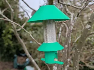 Bird feeder with rain guard, squirrel deterent hat