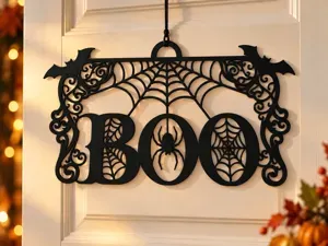 BOO – Spiderweb & Bats Halloween Hanging Sign