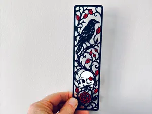 Raven, Skull and Red Rose Gothic Bookmark