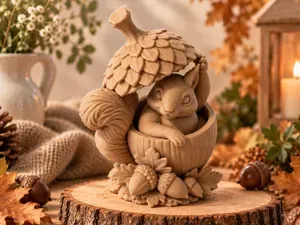 Cozy Squirrel in an Acorn – Woodland Sculpture