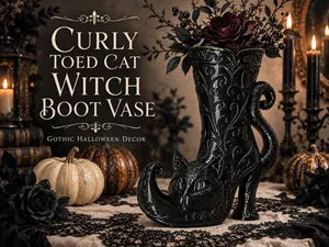 Gothic Curly Toed Cat Witch Boot Vase Decor