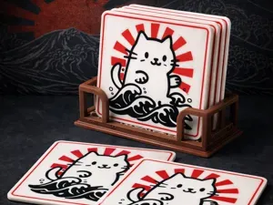 Catzila–Cat Kaiju Square Coaster Set + Holder