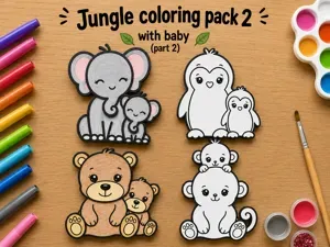 Cute jungle (with baby) coloring craft pack 2