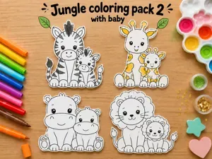 Cute jungle (with baby) coloring craft pack 1
