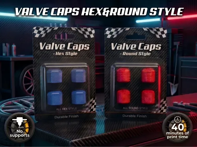 Valve Caps — Car, Bike, Truck — 2 Styles Hex-Round