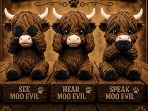 Highland Cow trio (see, hear, speak Moo evil)