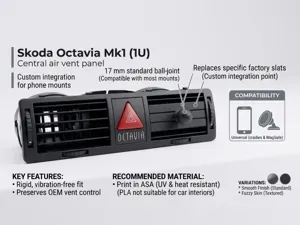 Octavia MK1 Mid Vent Phone Mount Adapter 17mm Ball