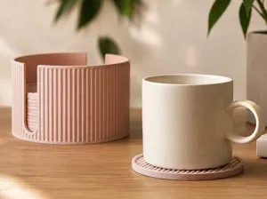 Modern Ribbed Coaster Set with Storage Holder