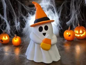 Cute Ghost Holding Candy Corn Halloween Decor