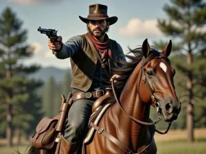 Arthur Morgan di Red Dead Redemption 2 a cavallo